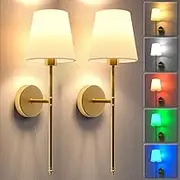 Anfower Battery Operated Wall Sconce Set of 2,Black Rechargeable Wall Lights with 5200mAh Dimmable Detachable Bulbs and Remote,10 Colors Wireless Sconces for Bedroom Living Room Hallway (Gold, 55cm)