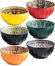 MISSYSSIM Cereal Bowls Set of 6, Bohemian Soup Bowls, 30 oz Colorful Ceramic Serving Bowls for Kitchen, Breakfast, Boho Decorative Bowl, Microwave Oven Safe Bowl for Salad, Pasta, Oatmeal