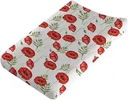 Boho Retro Poppy Flowers Leaves Baby Changing Pad Covers for Boy Girl 32''x16'' Red Poppy Floral Spring Blossom Fitted Diaper Change Table Sheet Wild Plants Soft Breathable Nursery Changing Table Mats