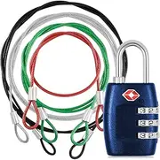 DanziX TSA Approved Lock and 4 Colors Stainless Steel Safety Tether，3-Dial Combination Travel Luggage Lock with Lanyard Security Cable for Protect Your Different Sizes of Suitcase,Baggage-Deep Blue
