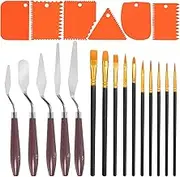 Rustark 21Pcs Orange Palette Knife Paint Scraper Set Includes 5Pcs Stainless Steel Palette Knives with 6Pcs Plastic Scrapers 10Pcs Hair and Bristle Brush Spatula Drawing Tool for Art Craft Painting