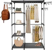 SORTI 6-Tiers Wire Shelving Garment Rack with 2 Hanging Rods, Adjustable Side Hooks, and Shoe & Hat Storage - Freestanding Portable Metal Closet Wardrobe