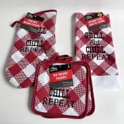 LESONE Spring Summer BBQ 4 Piece Buffalo Checker Pattern Grill Eat Chill Repeat