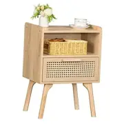 Rattan Nightstand, Boho Side Table with Drawer Open Shelf, Cane 1 pack Natural