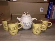 NEW 2021 RAE DUNN 5 PIECES SET BUZZ BEE TEAPOT + 4 HONEY BEE YELLOW MUGS