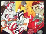 HAND PAINTED MAGGIE CO CANVAS "KNITTING" WITH COORDINATING HAND PAINTED FRAME ..