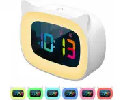 WSECOMM Cute Cat Ear Alarm Clock with RGB 7 Color Night Light & 18 Ringtones,Rechargeable Clock for Kids Bedroom,LED Colorful Digital Display,Bedside