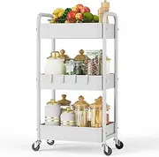 3 Tier Rolling Utility Cart, Metal Trolley Cart with Wheels, Hooks, Easy Assembly Organizer Storage Cart for Bathroom, Kitchen, Office, Bedroom(White)