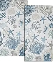 Granbey Nautical Blue Bathroom Hand Towels 2 Pack 14"x28" Sea Coral Starfish Kitchen Tea Dish Towels Coastal Ocean Theme Summer Soft Absorbent Face Towels for Bath Fingertip Gym Spa