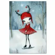 Christmas Girl Red Antler Hat Ice Skating Flat Rolled, Framed Or Wrapped Canvas