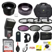Nikon D3400 / D5600 32GB 55M KIT - CASE- REMOTE FLASH FILTERS ZOOM WIDE ANGLE