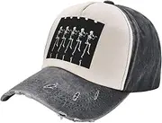 [pvinnk] Halloween Posable Skeleton Skull Print Distressed Baseball Cap Adjustable Hat with Classic Unisex Style for All Seasons, Black and White, One Size
