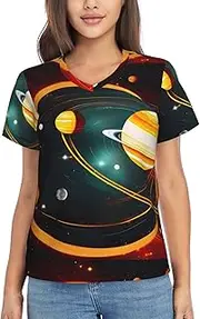 [SKKNT] Solar System Jupiter Saturn Print Women's Summer Tops -Casual Yet Dressy Short Sleeve Polyester Pullover Shirts