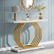 Tribesigns Gold Console Table, Faux Marble Entryway Table Narrow Sofa Table with Geometric Metal Base, 100 cm Modern Accent Table Entrance Table for Living Room, Hallway, Foyer, White and Gold