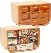 TOWEBOORY 2pcs Plastic Office Desk Organizer with Drawers, 3 Tier Stackable Storage Drawers, Multifunctional Desktop Storage Box, Sorting Box Drawer Set for Stationery Art Craft Supplies (Brown)