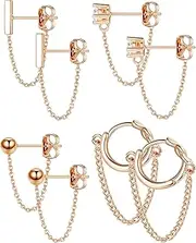 [Kakonia] 4 pairs Copper Chain Stud Earrings Set for Women CZ Dangle Earrings Ball Stud Earring Bar Stud Earrings Huggie Hoop Piercing Earrings Stainless Steel Ear Pins