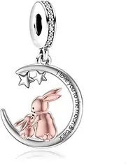 [Mon & Sons] I Love You To The Moon And Back Rabbit Bunny Mother Daughter Son Star Moon Charm Bead Pendant 925 Sterling Silver Dangle Compatible With Pandora Charm Bracelet, Metal