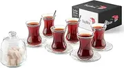 The Buybox 19 Pieces Traditional Turkish Tea Set Includes; 6 Glasses tea cups (4.5 oz), 6 Saucers, 6 Stainless Steel Spoons and Sugar Bowl with Glass Cover (8.6 oz)