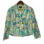 Talbots Patchwork Madras Blazer 6 Petite Double Breasted Jacket Womens NEW