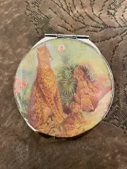 Retro Leopard And Two Cubs Round Silver Mirror Compact