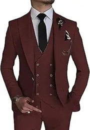 [JEShifangjiusu] 3 Pieces Tuxedo Blazer for Men 1 Button Elegant Slim Fit Single Breasted for Prom Wedding Party Stylish Suit Dress Set Vest Pants, Wine Red, XXL