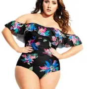 City Chic Elba Tropical Ruffle Off Shoulder One Piece Bathing Suit plus 22 24