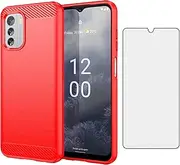 [Asuwish] Phone Case for Nokia G60 5G with Tempered Glass Screen Protector Cover and Cell Accessories Slim TPU Silicone Rubber Soft Hybrid Protective G 60 60G NokiaG60 G5 Women Men Carbon Fiber Red