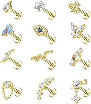 [Sanfenly] 12Pcs 16G Cartilage Earrings Stud for Women Surgical Steel Top Screw Flat Back Earrings Bee Butterfly Snake Evil Eye Opal CZ Cartilage Earrings Tragus Helix Piercing Jewelry