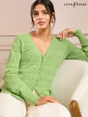 Love & Roses Green Pointelle V-Neck 100% Cotton Cardigan (AK8614) | $47