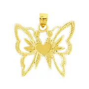 14K Gold Two Headed Butterflies Heart Pendant