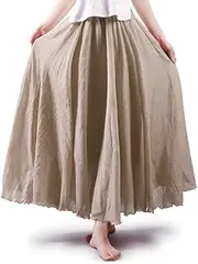 [Aeslech] Women's Bohemian Elastic Waist A Line Long Maxi Cotton Linen Skirt