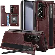 [XIMAND] for Samsung Galaxy Z Fold 5 Wallet Case with Credit Card Holder and S-Pen Holder,Fold Premium Leather Magnetic Clasp Kickstand Heavy Duty Protective Cover.(Brown)