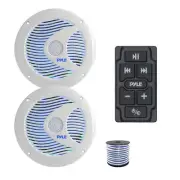 Pyle Marine Bluetooth Controller, 2x 6.5'' 150W LED Speakers (White) w/Wire