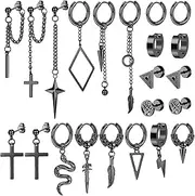 [Sanfenly] 22 Pcs Dangle Earrings for Men Stainless Steel Hinged Huggie Hoop Earrings Punk Long Chain Stud Snake Feather Sword Cross Dangle Kpop Earrings for Men Black and Sliver Tone