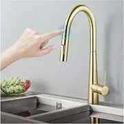 [ACA International] WELS Touch-Sensitive Kitchen Mixer Tap Solid Brass Kitchen Pull-Out Faucet Taps 2-Mode Spray Swivel Laundry Sink Basin Taps (Yellow Gold)