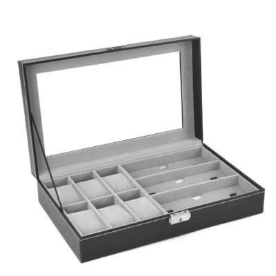 Leather 6 Watch and 3 Eyeglasses&Sunglasses Box Display Case Organizer,