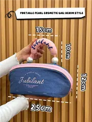 GGP Denim Blue Portable Waterproof Color Block Makeup Bag With Pearl Handle, Large Capacity Cosmetic Storage Organizer For Travel And Daily Use