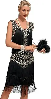 [BXT] Women 1920s Vintage Round Neck Sparkly Sequin Fringed Flapper Dress Anniversary Wedding Dance Party Prom Club Costume