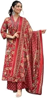 [Aizza Trends] Women's Printed Kurti Pant With Dupatta Set, Red Floral, Large