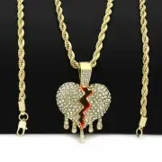 Iced Gold Plated Drip Broken Heart Pendant & 24" Rope Hip Hop Men Women Necklace