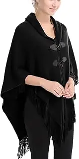 [VooSaa] Women's Poncho Cape Open Front Knitted Shawl Fringed Wrap with Horn Buckles