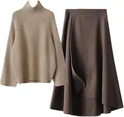[Generic] Womens Outfit Korean Casual Turtleneck Pullover Knitted Sweater+Irregular Skirts Sets
