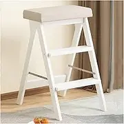Step Stool for Adults,3-Step Folding Portable Wooden Step Stool Step Ladder,Multi 3-in-1 Bamboo Step Ladder Counter Chair/Kitchen Cabinet Stool(White,Style-1)