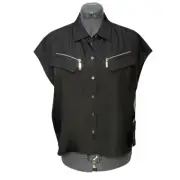 NWT Chico’s Camp Shirt Top 1 8 10 M Black Label Zippers Button Front Cap Sleeve