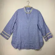 Chicos Top Womens Size 3/16 Linen Chambray Tunic Scallop Trim Relaxed Peasant