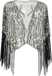 [generic] 1920s Sequins Fringe Evening Shawl for Women Decorative Shoulder Wrap Cloak for Costume and Formal