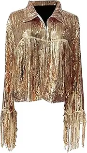 [Dickly] Sequin Fringe Jacket Long Sleeve Glitter Breathable Open Front Cardigan Lapel Coat for Nightclub Beach Cosplay Exhibition, gold