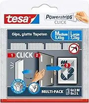 tesa Powerstrips Click Velcro Adhesive Pads for Clicking on and Off Picture Frames and Wall Decorations No Drilling Required Self-Adhesive Velcro Strips with On and Off Click System 6 x 2 m, 8 x 2 L
