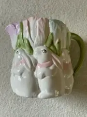 Vintage Easter White Bunny Rabbits And Tulips Lemonade Pitcher Made In SE Taiwan