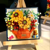 在飛比找蝦皮商城精選優惠-【好娃娃】3D版畫玫瑰向日葵積木花束微顆粒積木生日禮物帶畫架